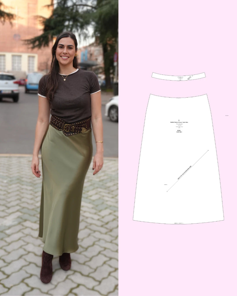 Falda de satén al bies puesta junto a las piezas del patrón PDF de BERA Patterns