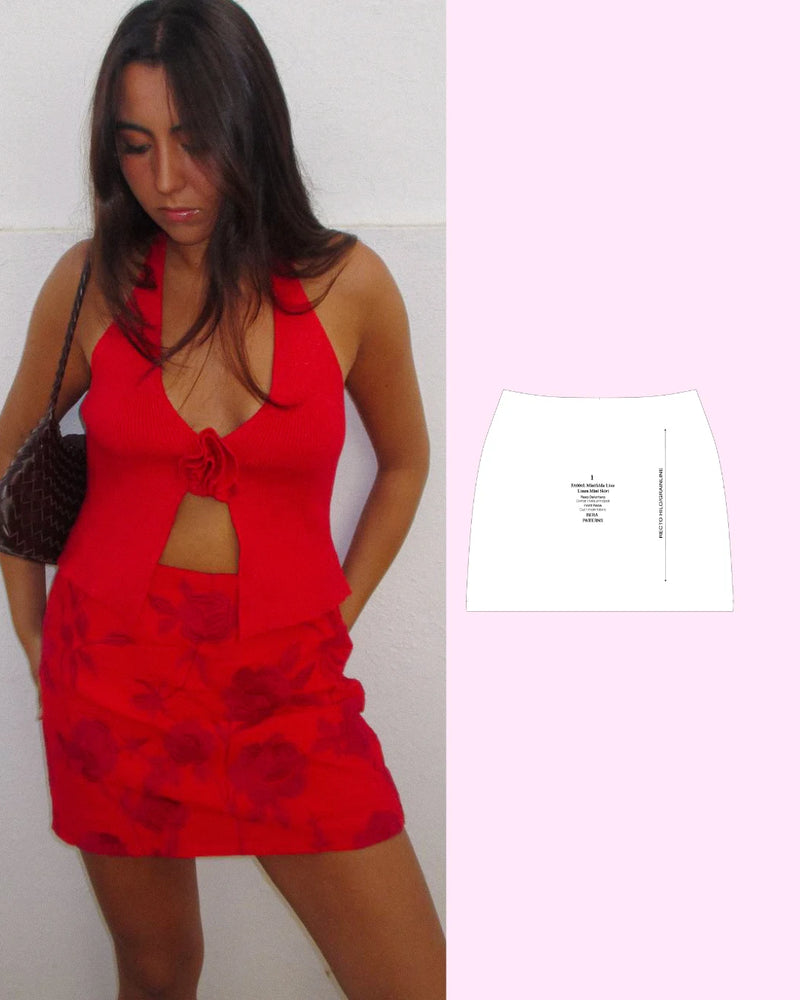 Minifalda de corte recto puesta junto a la pieza del patrón PDF de BERA Patterns