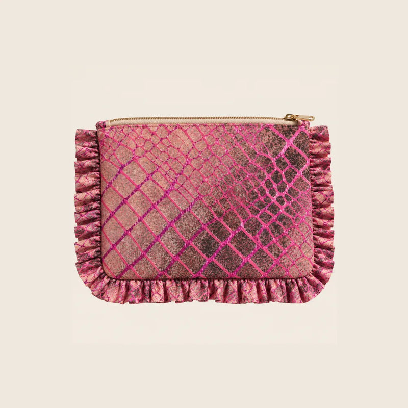 Neceser con volantes en tejido efecto serpiente rosa