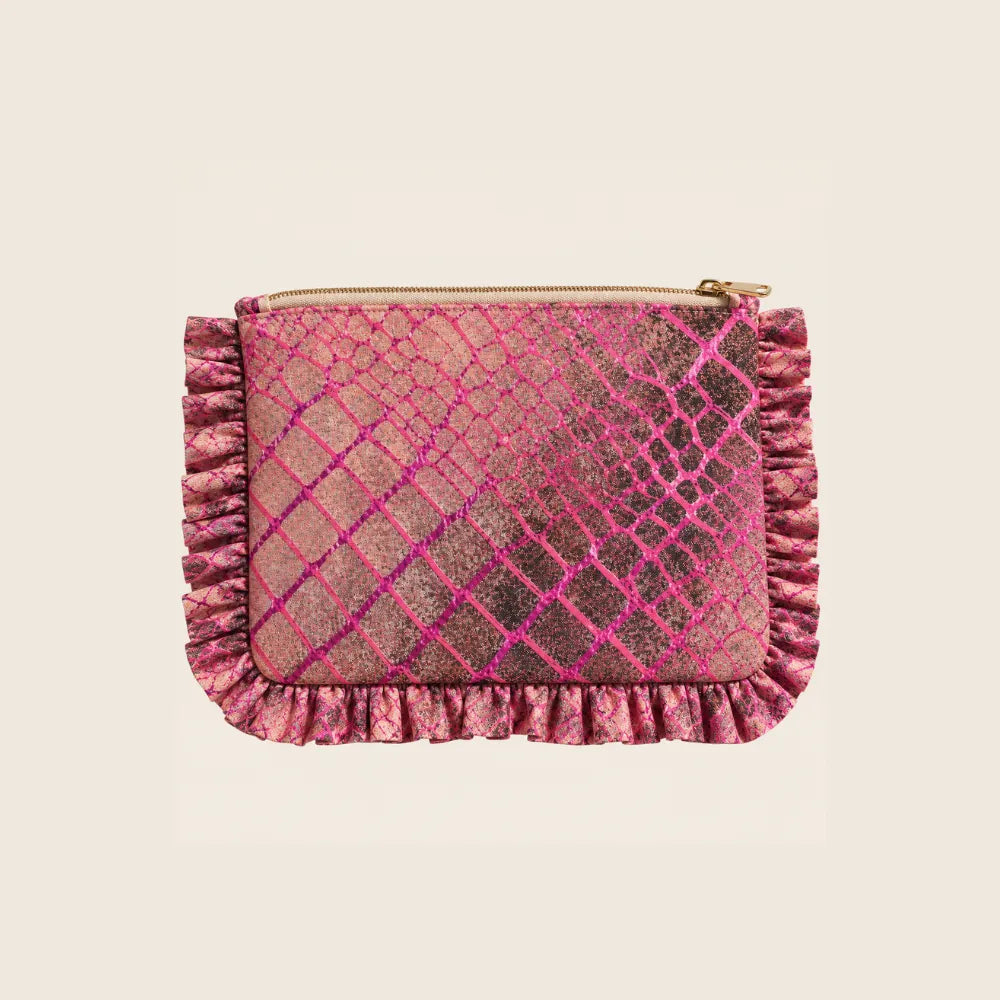 Neceser con volantes en tejido efecto serpiente rosa