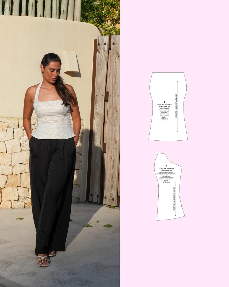 Top con escote halter puesto junto a las piezas del patrón PDF de BERA Patterns