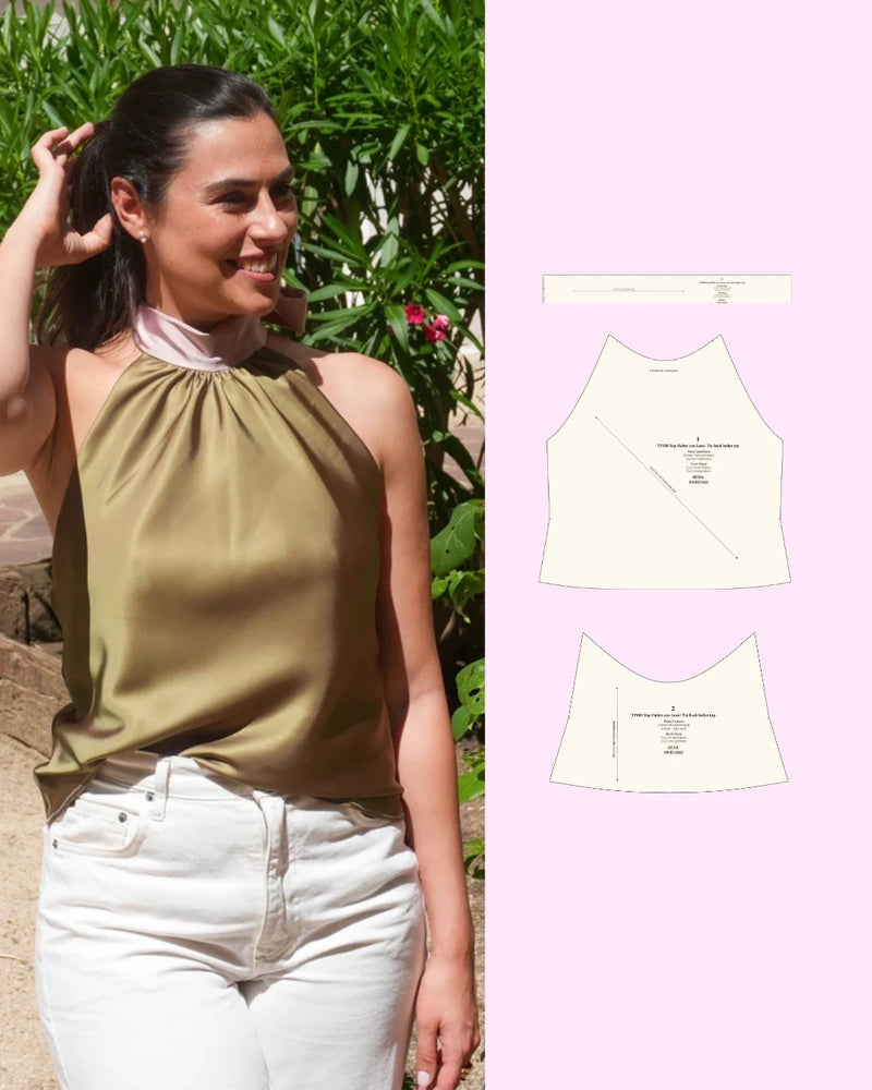Top halter con espalda descubierta puesto junto a las piezas del patrón PDF de BERA Patterns