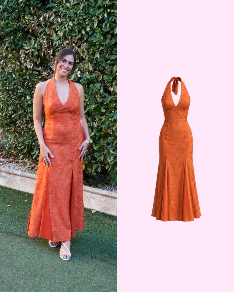 Vestido largo con godets: vestido puesto y su dibujo técnico - Patrón de costura PDF BERA Patterns