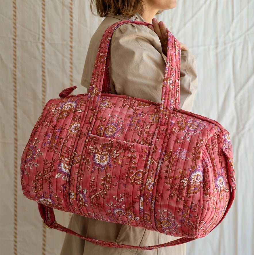 Bolsa de deporte acolchada con estampado floral rosa, con bolsillo exterior y asa larga